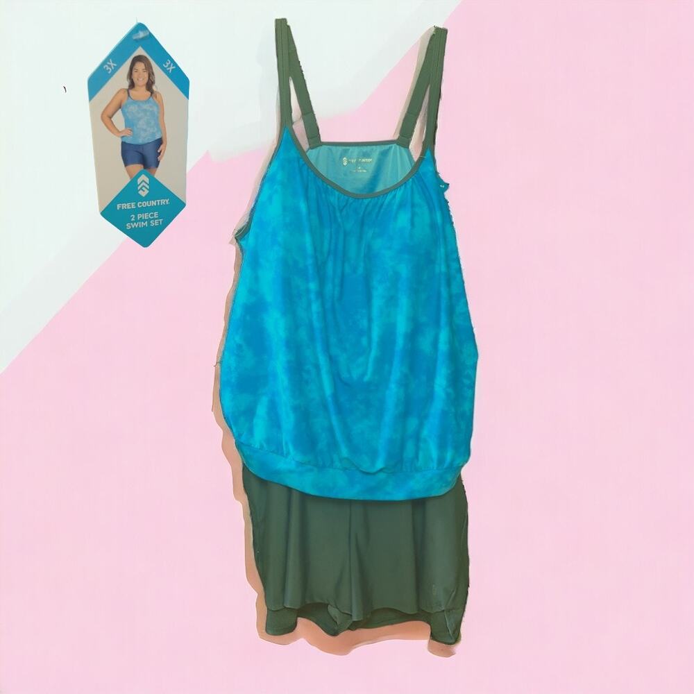 Free Country 2 Piece Blue Tie Dye Gray Tankini Swim Set ~ 3X Plus Size, NEW
